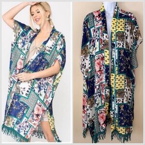 Womens Boho Floral Patchwork Kimono Medium Scarf Fringe Festival Topper Long